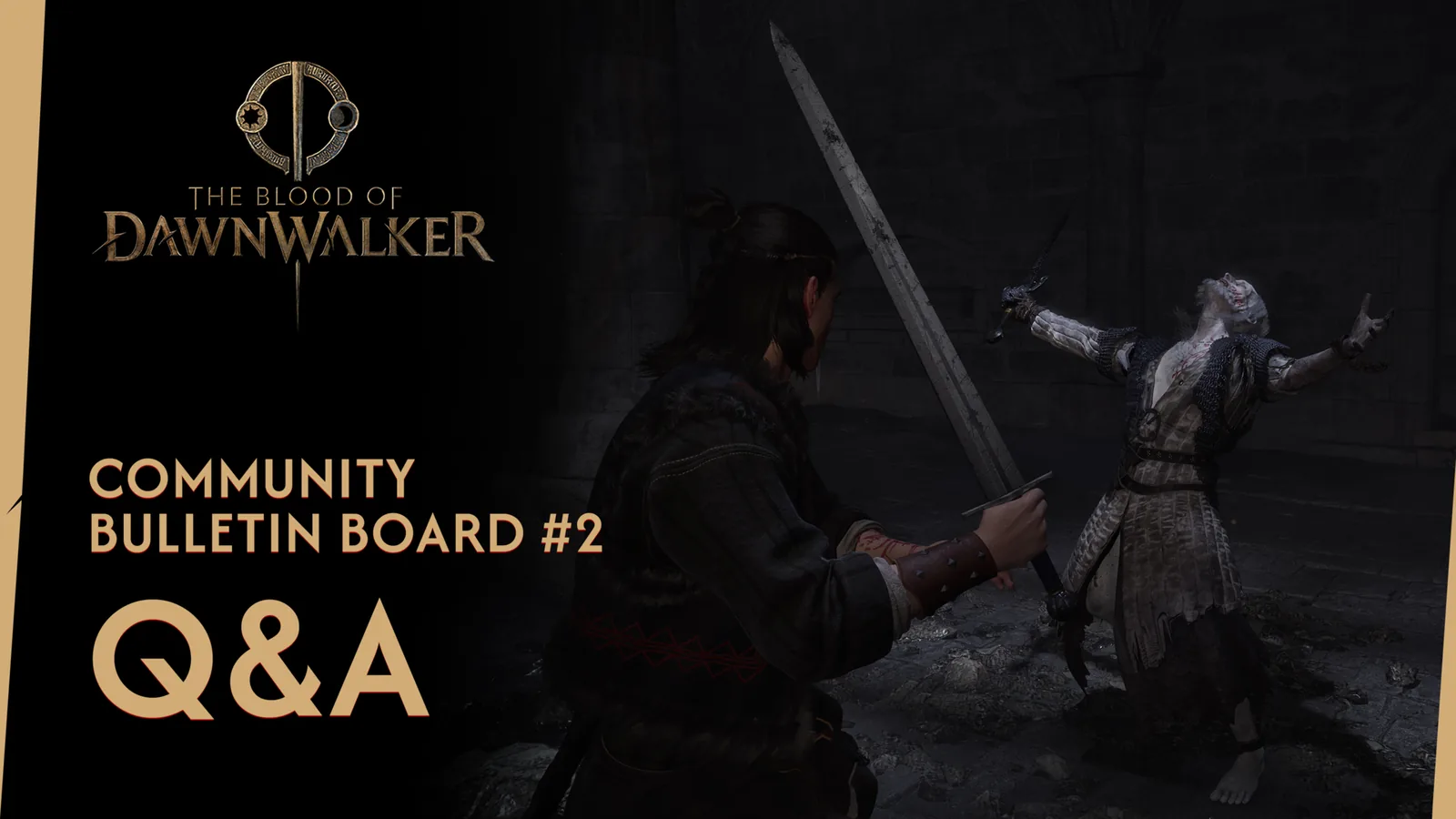 어두운 석조 실내에서 검을 든 코엔이 무장한 적과 대치하는 전투 장면 위에 ‘COMMUNITY BULLETIN BOARD #2 Q&A’ 문구가 배치된 공식 이미지