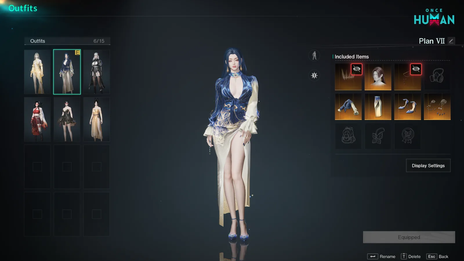 원스 휴먼 Outfits 화면에서 ‘Plan VII’ 의상 프리셋과 포함된 의상 부위, 파란색·금색 드레스를 입은 캐릭터가 표시된 장면